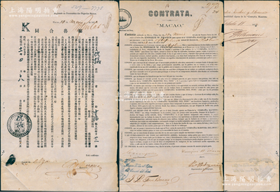同治十一年（1872年）“秘魯合同”（即清代出洋華工“賣豬仔”契）1份，事為“倪議氏今與秘魯海公司之代辦人訂明前往秘魯國(guó)雇工，工期八年，每月工銀四大員”等情，內(nèi)中列明各項(xiàng)條款、伙食、醫(yī)療、待遇等，條件極為苛刻，且蓋有“大西洋澳門華政衙門”章；此種清末中國(guó)勞工出洋遠(yuǎn)赴秘魯之“賣豬仔”契，見證華工之辛酸血淚史，歷史意義沉重；源于海外回流，保存較佳，敬請(qǐng)預(yù)覽