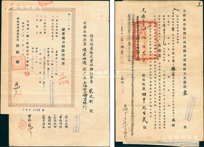 光緒三十年（1904年）老上海“道契”一張，由“大清欽命監(jiān)督江南海關(guān)分巡蘇松太兵備道瑞”頒發(fā)，經(jīng)大英總領(lǐng)事館照會(huì)及租界地政局登記等；至1922年后，此契全地永租給“上海女子儲(chǔ)蓄銀行”，且附1943年“敵產(chǎn)處分解除證明書”和“信交地產(chǎn)株式會(huì)社權(quán)柄單”各1份；上海女子儲(chǔ)蓄銀行，時(shí)為中國(guó)唯一之女子銀行，著名的徐志摩前妻張幼儀曾任該行副經(jīng)理；罕見且頗具歷史意義，保存甚佳，敬請(qǐng)預(yù)覽