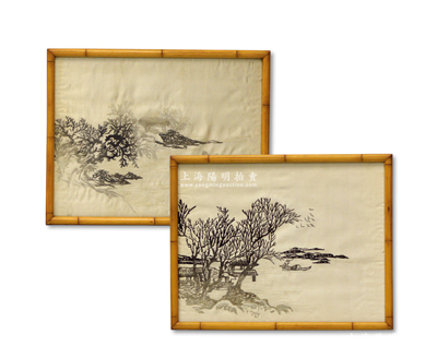 清末民初“水天一色”刺繡畫共2張一對，尺寸470×365mm，附有原框；海外回流，保存較佳，敬請預覽