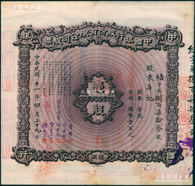 民國(guó)十一年（1922年）中國(guó)銀行股份有限公司股票，壹股計(jì)國(guó)幣壹百元，天津分行發(fā)行，由常務(wù)董事李銘、張嘉璈、馮耿光、宋子文、陳光甫5人簽名，背面兌付股息至1964年，且附貼中國(guó)銀行股票登記證，少見，八五成新