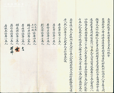 民國(guó)早期·齋堂煤礦“商股議單”一份，事為“李嗣香、呂燮甫（曾任安徽省長(zhǎng)）、王竹林（天津商會(huì)會(huì)長(zhǎng)）等集資開采齋堂一帶煤礦，經(jīng)呈農(nóng)商部批準(zhǔn)，并由國(guó)務(wù)會(huì)議通過(guò)在案，需開礦款約100萬(wàn)元，官四商六，商股60萬(wàn)元由各人分認(rèn)籌足”等情，內(nèi)中詳列各股東姓名及出資狀況等；此齋堂煤礦，位于北京門頭溝，由清末民初天津著名實(shí)業(yè)家、金融家李士鈺（“津門八大家”之首）等投資開發(fā)；此種商股議單形式較為特殊