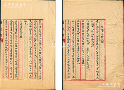 北洋政府時(shí)期財(cái)政部《整理內(nèi)外債大綱》手稿1冊，時(shí)財(cái)政部所欠內(nèi)外債總額約共17億2740余萬元，其中關(guān)鹽兩稅為擔(dān)保者計(jì)12億9709萬余元、德奧兩國零星債款計(jì)2732萬余元、無確實(shí)抵押內(nèi)外債計(jì)3億9300余萬元，內(nèi)中對還債基金問題、統(tǒng)一債務(wù)問題、債票貨幣問題、債票利率問題、債票期限問題等均有詳盡之描述，屬難得之債券文獻(xiàn)；通本書寫于財(cái)政部專用稿紙之上，墨字俊秀，保存甚佳，敬請預(yù)覽