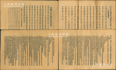 北洋政府內(nèi)國公債資料2份，詳分：①“財(cái)政部三年公債第七次還本通告”1份，上印通告及中簽號碼總表，背印“民國三年內(nèi)國公債第九次還本辦法通告”內(nèi)容15條；②1927年“財(cái)政部內(nèi)國公債局·民國五年六厘內(nèi)國公債第二次換發(fā)新票第三次還本通告”1份，背印通告內(nèi)容13條；此種民初債券之史料實(shí)物頗為難得，且極具研究價(jià)值，八成新
