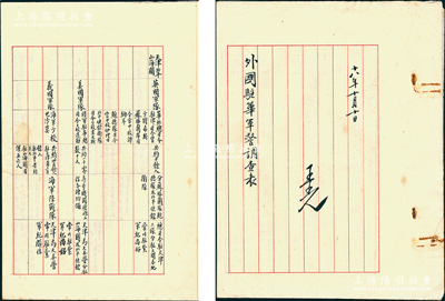 民國十八年（1929年）《外國駐華軍警調查表》寫本1冊，據說由民國政要黃郛所調查，內中開列中國各省各大城市之外國駐華軍警情形，包括長官、人數、組織、駐軍備考歷史等，內容極為詳盡；保存甚佳，敬請預覽