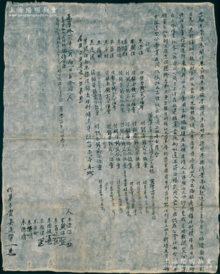 明代萬歷拾貳年（1584年）徽州府傳統造屋“股份合同”1份，事為“十一都朱榮保等8人承祖起造屋宇，至今年久損壞、龍脈不對，因先人失于仔細，以致人財不旺；今眾兄弟叔姪商議各愿憑中將舊屋另行改造，所有匠工倂食用、木料等照四大份均出銀兩”等情，內中開列8人出銀金額明細，內容極為詳盡；是項明代合夥改造祖屋之股份合同存世罕見，題材特殊，值得細覽和重視；保存甚佳，敬請預覽