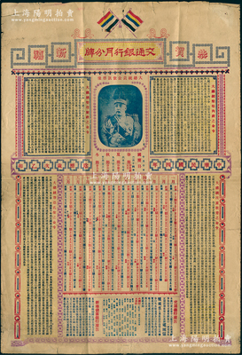 民國三年（1914年）交通銀行大型月份牌一張，上印袁世凱戎裝像及《大總統(tǒng)整理財政之命令》、《大總統(tǒng)整頓內(nèi)政之命令》、《大總統(tǒng)注重教育之命令》、《大總統(tǒng)尊崇孔圣之命令》等，另有交通、新華儲蓄銀行廣告等；保存較佳，背面邊側(cè)有小貼補，敬請預(yù)覽和重視