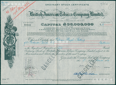 1934年英美煙草公司股票，普通股2鎊，內有水印；海外藏家出品，罕見且屬首度公諸于陽明，八成新