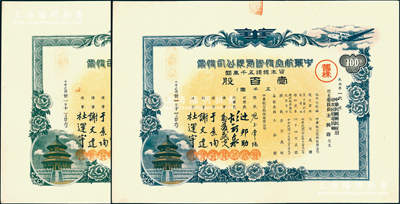 民國(guó)卅一年（1942年）中華航空股份有限公司股票共2種，詳分：壹拾股計(jì)五百圓、壹百股計(jì)五千圓，上印天壇圖，罕見且屬首度公諸于陽(yáng)明，九五成新