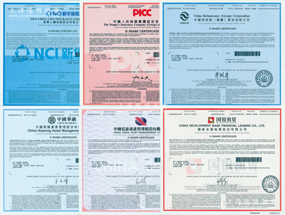 2015至2020年中國各大保險與金融公司股票共6種，詳分：新華人壽保險、中國人民保險集團、中國再保險（集團）、中國華融資產(chǎn)管理、中國信達(dá)資產(chǎn)管理、國銀金融租賃股份有限公司，面額均為1股，屬大陸在香港上市H股，內(nèi)有水印，全新