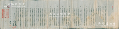 民國二十二年（1933年）六河溝煤礦公司與振豫銀號訂立之“合同”1份，事為“振豫銀號商請在彰德車站及安陽沿河一帶承銷六河溝煤礦公司煤斤，情愿照繳公司規(guī)定之押款及履行墊款等項”，雙方訂立13條，由六河溝煤礦公司董事長王正廷（著名外交家、中國奧運之父）和振豫銀號田仲韜親筆簽署；此合同長達1米多，墨字俊秀，保存尚佳，敬請預覽