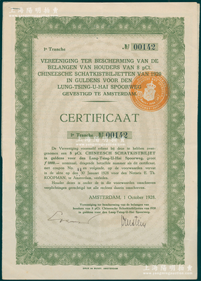 1928年隴秦豫海鐵路荷蘭債權第一期憑證，附帶有息票；當時由于中國政府違約，停止支付1920年和1923年發行的荷蘭隴秦豫海鐵路債券，荷蘭債權團針對違約債券發行了專門的債權憑證，少見，八成新