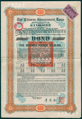 1925年中國政府對(duì)外發(fā)行債券（斯柯達(dá)債券）桔色500英鎊，由財(cái)政總長李思浩簽名，附帶15張息票；此大面額券罕見（發(fā)行量僅220張），八成新