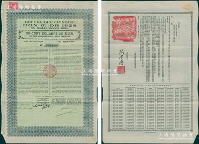 1928年中華民國政府對(duì)比利時(shí)“庚子賠款”六厘金券100美元，由華比銀行代理發(fā)行，背印中文發(fā)行條例，由財(cái)政總長閻澤溥簽署，屬北洋政府發(fā)行之最后一種外債；少見，且上貼新中國1949年貳百圓稅票1枚，八成新