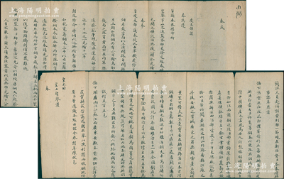 光緒三十二年（1906年）清代度支部“奏底”1件，事為“遵旨議奏山東道監察御史徐定超奏，礦政不修、利權外溢，請將已開之礦設法興復一摺”，言明“朝廷特命唐炯以巡撫銜督辦礦務，所奏滇銅銅苗旺盛，需寬籌銅本以期規復…洋銅充斥、銅價上漲…為挽回利權，實力整頓滇銅”等情，內容極其精彩；此奏摺長達數米，墨字俊秀，誠屬清代錢法文獻之精品，極富史料研究價值，保存較佳，敬請預覽
