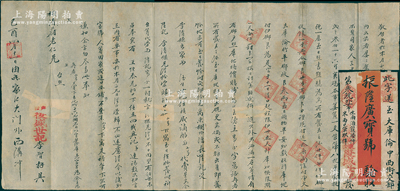 己酉年（1909年）東口“復盛世記”致大庫倫“振隆廣寶號”信札1通，事為“運送生酒20簍、米面等，僱定洛達爾貝家駱駝，言明10件貨共腳力銀20兩，限35天到庫，如誤限期一天每件罰銀一錢，按日計算，倘若貨物遺失缺少、酒漏等，由腳戶照庫地時價賠償”等情，內容極其精彩；此腳力行，乃長途跋涉代客運送貨物，并承擔保險賠償之責，可視為現代運輸保險之鼻祖；是項信札可謂是“走東口”之保險藏品類