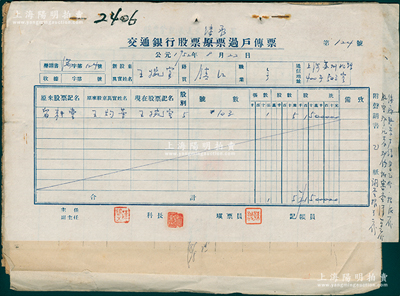 1952年《交通銀行股票繼承過戶傳票》1冊(cè)，內(nèi)含股票登記表、報(bào)告書、聲請(qǐng)書、審查清單、登報(bào)聲明之報(bào)刊等，保存較佳，敬請(qǐng)預(yù)覽