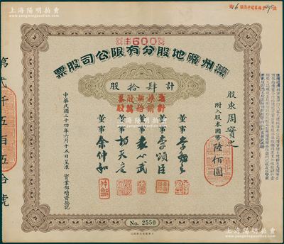 民國二十四年（1935年）灤州礦地股分有限公司股票，肆拾股計國幣陸佰圓，上有董事袁心武（袁世凱第六子）等簽名，其承購股東均為周實之（清代兩江總督周馥之幼子、北洋財政總長周學熙之弟周學輝氏）；中國著名煤礦企業老股票，少見，近九成新