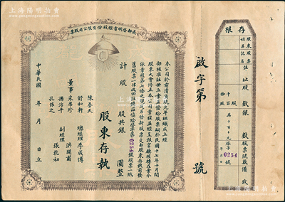 民國年（1928-）成都啟明電燈股份有限公司股票，未填用，附帶存根；該公司成立于清宣統(tǒng)元年，乃西南民族工業(yè)之先驅(qū)，也是四川電力工業(yè)史上的第一家公用電力企業(yè)；少見，八五成新