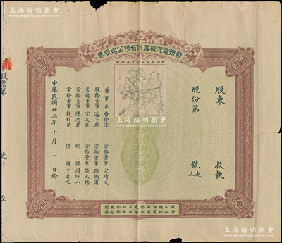 民國廿二年（1933年）蘇州電汽廠股份有限公司股票，未填用發(fā)行，上印該廠營業(yè)區(qū)域圖頗為精致，票上董事長費(fèi)仲深乃蘇州著名紳商（即晚清名臣吳大澄女婿、詩人柳亞子表舅費(fèi)樹蔚氏），而常務(wù)董事孫衡甫乃四明銀行董事長兼總經(jīng)理；少見，七成新