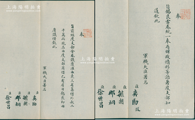 晚清宣統(tǒng)朝“旨意”共2件不同，均鈐有“監(jiān)國攝政王章”（宣統(tǒng)之父載灃）璽印，由軍機(jī)大臣奕劻、毓朗、那桐、徐世昌4人共同署名，分別事為“奉旨前經(jīng)度支部會奏覆準(zhǔn)由東三省籌借外款2000萬兩，現(xiàn)在由度支部商借已有眉目，錫良即毋庸議借”和“奉旨錫良（宣統(tǒng)元年任東三省總督）統(tǒng)一奉省財(cái)政”等情，屬難得之奉天借款文獻(xiàn)；此種攝政王時(shí)代之“旨意”存世珍罕，極富史料研究價(jià)值，保存極佳，值得珍視和推重
