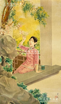 民國時期南洋煙草公司廣告畫1張，尺寸370×638mm，上印美女賞花圖，圖案美觀，保存較佳，敬請預覽