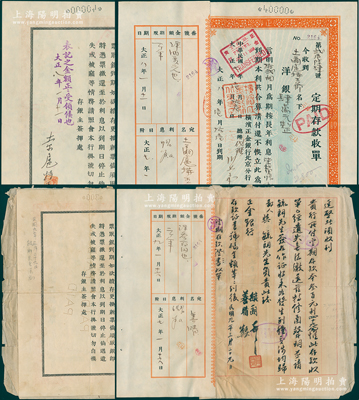 民國早期“滿清貴族”之銀行定期存款單共2份不同，均屬橫濱正金銀行存單，詳分：①1919年“土爾扈特王爺”（即阿拉善旗塔旺布里甲拉親王，曾任北洋蒙藏院總裁）存單1份，面額高達洋銀4萬元；②1920年善晴（肅親王善耆之弟）之300元存單1份，附貼毓朗、善晴聯(lián)名信函一通，事因原存單遺失，故由毓朗（鎮(zhèn)國將軍，宣統(tǒng)時曾授軍機大臣）為之保證；七至八成新，敬請預(yù)覽