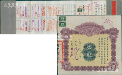 民國十年（1921年）中國銀行有限公司（商股）股票，壹股共洋壹百圓，由總裁馮耿光、副總裁張嘉璈簽名，背印章程摘要，記錄“商股照每年七厘正息”等內(nèi)容，內(nèi)有水印，且附帶原息摺（付息記錄達40余年之久，截止至1965年）；此種中行商股股票存世罕見，八五成新，值得珍視和推重