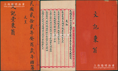 1933和1935年廣東佛山中醫老字號（福祿路）“仁濟堂”年結簿共2冊不同，由文記堂股東執有，內中詳列進款（含股本及醫藥等情形）、支款、存款及分紅等明細，內容頗為詳盡；香港藏家出品，保存甚佳，敬請預覽