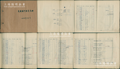 1956年《交通銀行股東名冊》1厚冊，通本手寫，分為兩大部分，內(nèi)中記錄所有“未登記公股23戶計9992股、私股318戶計9305股”和“已登記公股2戶計540686股、私股846戶計40017股”，并詳細列明各股東賬號、姓名、股別、股票號碼、股數(shù)等（已登記的股東亦記錄有地址），其股東不乏大量近代名人，內(nèi)容翔實無比，誠屬研究交通銀行股票史之“葵花寶典”；保存較佳，敬請預(yù)覽和珍視