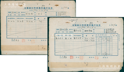 1952年《交通銀行股票繼承過戶傳票》共2冊不同，分屬股東湖南常德戴吳友惠（清末進士戴展誠之妻，戴曾參與“公車上書”，任毛澤東就讀過的湖南全省師范學(xué)堂監(jiān)督）和北京孫維城，內(nèi)含股票登記表、報告書、聲請書、審查書、登報聲明之報刊等，保存較佳，敬請預(yù)覽