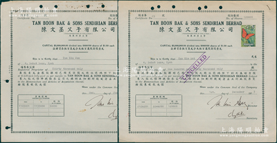 1973年陳文墨父子有限公司股票共2枚，均為大面額120000股和30000股，屬馬來西亞華僑企業；南洋回流品，內有水印，其中1張邊有破損，六至八成新
