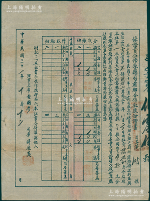 民國三十一年（1942年）保證責任修水縣司前鄉合作社股份證書，社股5股計國幣叁拾元，屬抗戰時期江西“農村合作”制度之歷史實證，少見，八成新
