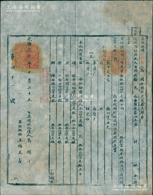 光緒三十年（1904年）中國鐵路總公司“正太鐵路”具領(lǐng)地價(jià)狀，超大尺寸，分別發(fā)給井陘縣高潤氏，事因“正定至太原奉旨建造鐵路，佔(zhàn)用民人自種錢糧民地，蒙督辦鐵路大臣規(guī)定，每畝按公砝平足銀十兩給發(fā)”，內(nèi)中開列四至等項(xiàng)，蓋有官印及“此係中國鐵路總公司產(chǎn)業(yè)，不得租抵或轉(zhuǎn)售別人”戳記；此乃清末修建鐵路之歷史文獻(xiàn)，可與正太鐵路債券相映成趣，可適用于研究和展覽；少見且保存甚佳，敬請預(yù)覽