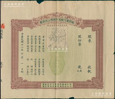 民國廿二年（1933年）蘇州電汽廠股份有限公司股票，未填用發(fā)行，上印該廠營業(yè)區(qū)域圖頗為精致，票上董事長費(fèi)仲深乃蘇州著名紳商（即晚清名臣吳大澄女婿、詩人柳亞子表舅費(fèi)樹蔚氏），而常務(wù)董事孫衡甫乃四明銀行董事長兼總經(jīng)理；少見，七成新