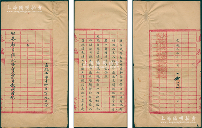 宣統二年（1910年）欽命陸軍部尚書、陜甘總督部堂管巡撫事長（即長庚）之“奏稿”1份，事為“查武弁有在甘肅、新疆軍營出力，奏請都司張永勝等留陜甘敘補”等情；通本墨筆書寫，文字俊秀，頗具史料研究價值，保存甚佳，敬請預覽