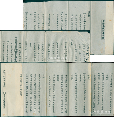 民國三十年（1941年）北京日昇昌總清理處《重修本號財產目錄》1份，其上詳列現金部、存產部之現金、財產等各項明細（共計國幣21.547176萬元），且另有舊存之有價證券如太原保晉公司股票、漢口水電公司股票等各種債額銀204萬兩等，內容極其豐富，拉開長達1米多；日昇昌乃山西票號之鼻祖，此份其清理結業之文獻極富史料研究價值，保存尚佳，敬請預覽