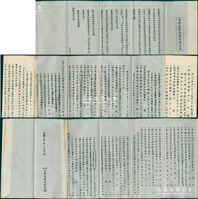民國三十年（1941年）北京日昇昌總清理處《日昇昌報告書附收支表》1份，其上詳列從民國二十五年一月一日起至三十年底止各項收入、支出、倒賬、結存等詳情，拉開長達1米半以上；日昇昌乃山西票號之鼻祖，此份其清理結業之文獻極富史料研究價值，保存甚佳，敬請預覽
