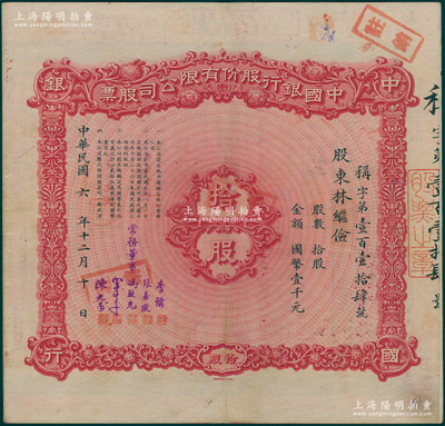 民國六年（1917年）中國銀行股份有限公司股票，拾股計國幣壹千元，由常務董事李銘、張嘉璈、馮耿光、宋子文、陳光甫5人簽名，而票上股東林繼儉乃哈佛醫學院教授（寧波鄞縣人，近代法學家林行規之子，與胡適交厚），背面兌付股息至1966年，八五成新