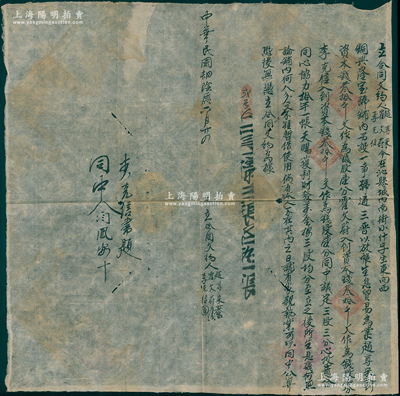 民國肆年（1915年）“通三晉放賬局”合同文約1份，事為“趙尊宋、霍文蔚、李克信3人在沁縣城內南街銅興隆寶號鋪內，另設通三晉號，以放賬生息貿易為業，各出資本錢叁拾千文作為錢股壹分”等情；此種山西“放賬局”（即小額貸款）之股份合同存世頗為少見，保存較佳，敬請預覽