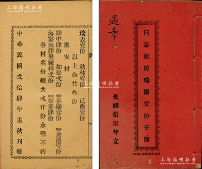 民國貳拾肆年（1935年）《日泰祖房瑞蘭堂份子簿》1冊，該堂立于光緒十七年（1891年），內中詳列各村股份名錄共計2000份；廣東開平縣傳統式老股票，保存較佳，敬請預覽