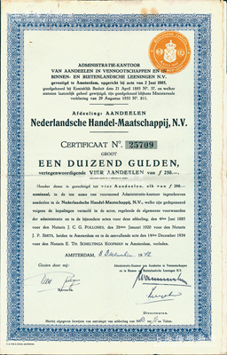1942年和囒銀行（即今荷蘭銀行）股票，面額1000盾；該行乃屬荷蘭第一大銀行，自1903年即進入中國設立分行，成為在華著名之外商銀行，亦發行有上海地名紙幣，昔年中國工商業巨子虞洽卿氏亦為該行之買辦；罕見，且附帶有息票，八成新